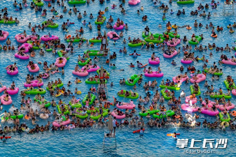 在湘江欢乐城的欢乐水寨园区内，游客们身着泳衣，尽情享受着夏天泳池里的快乐。长沙晚报全媒体记者 刘晓敏 摄