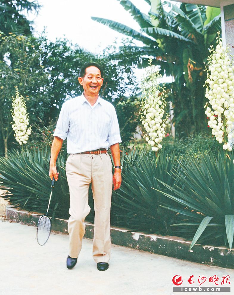 1982年10月　　袁隆平在繁忙的工作之余坚持锻炼身体，这是他在湖南杂交水稻研究中心院内和同事打羽毛球。