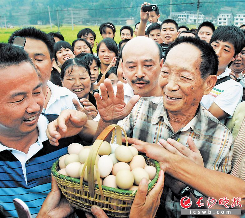 2004年11月 溆浦农民将鸡蛋送到袁隆平手上，表达他们的感激之情。