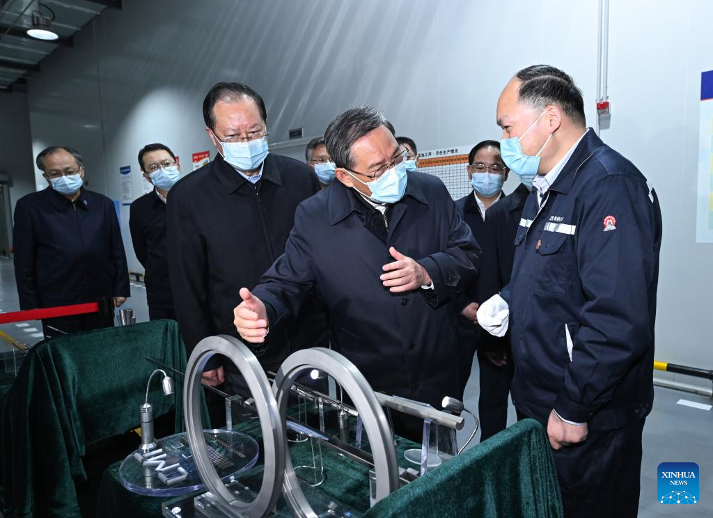 Chinese Premier Li Qiang, also a member of the Standing Committee of the Political Bureau of the Communist Party of China Central Committee, visits Zhuzhou Cemented Carbide Group Co., Ltd. in Zhuzhou, central China's Hunan Province, March 21, 2023. Li made an inspection tour and chaired a symposium on the development of the advanced manufacturing industry in central China's Hunan Province from Tuesday to Wednesday. (Xinhua/Rao Aimin)