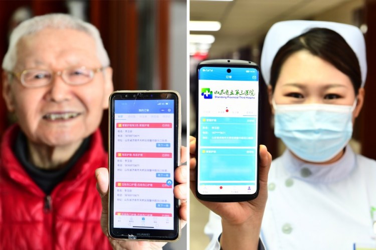 In this combo photo, the left one taken on Feb. 23, 2022 shows a citizen showing the request for door-to-door nursing service with his cellphone at a residential area of Tianqiao District, Jinan City, east China's Shandong Province; the right one shows nurse Lian Ping from Shandong Provincial Third Hospital showing the response to the door-to-door nursing service with her cellphone at Shandong Provincial Third Hospital in Jinan, east China's Shandong Province. (Xinhua/Guo Xulei)