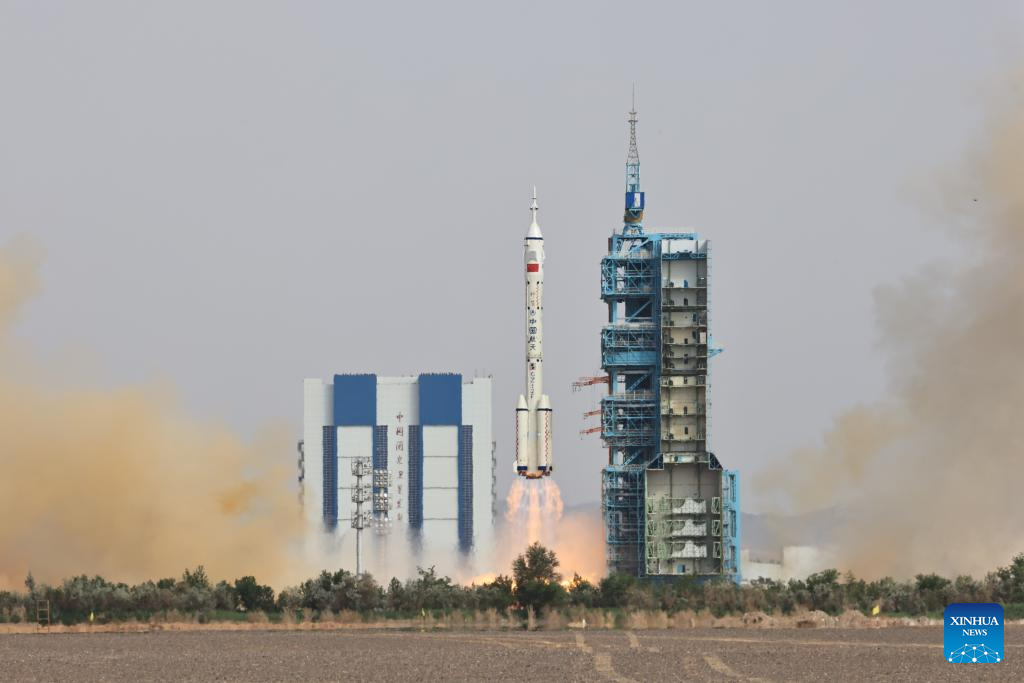 The Shenzhou-16 manned spaceship, atop a Long March-2F carrier rocket, blasts off from the Jiuquan Satellite Launch Center in northwest China May 30, 2023. (Xinhua/Li Gang)